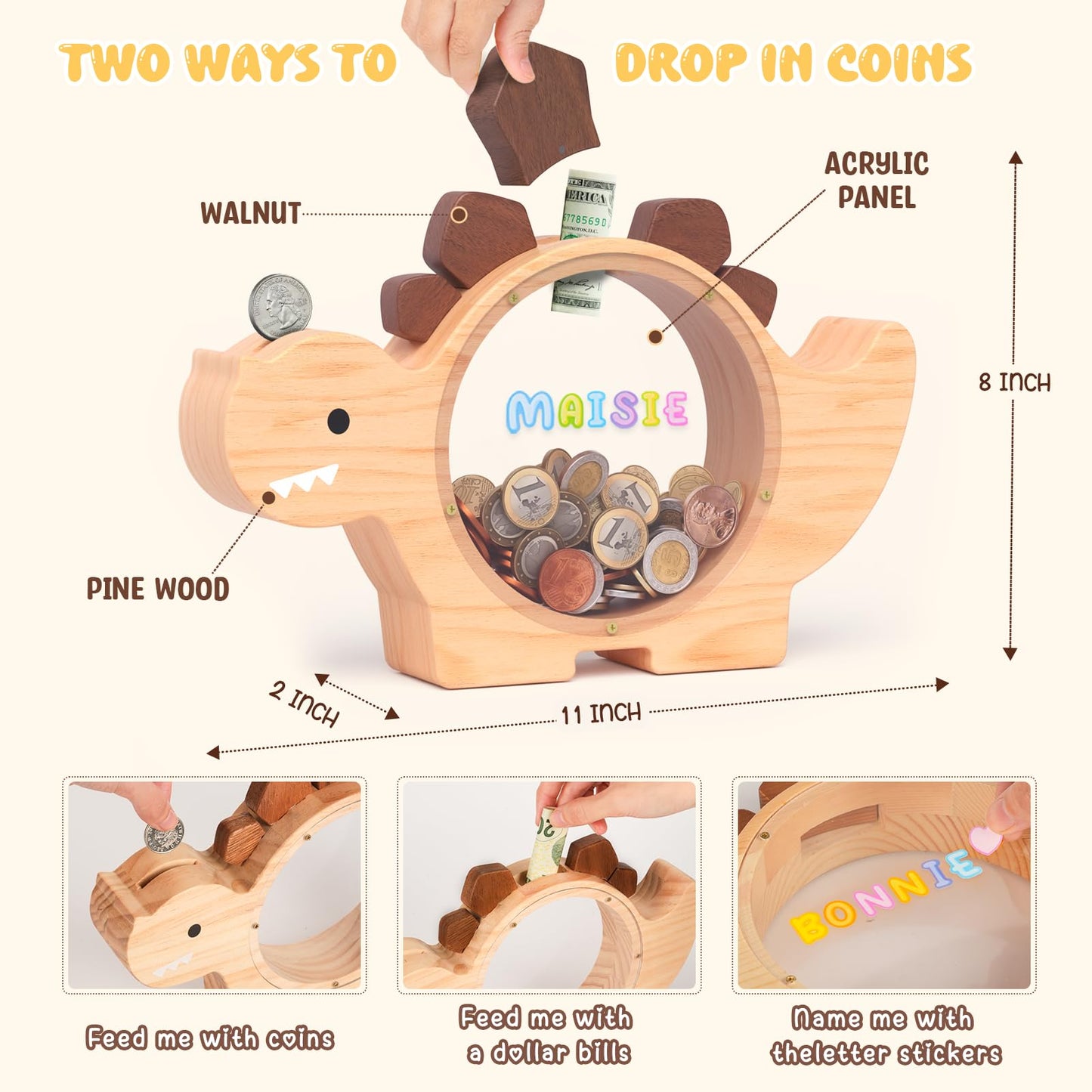 Summidate Wooden Dinosaur Piggy Bank For Kids Boys, Cute Dino Money Bank For Kids Toddlers, Unbreakable Wood Coin Bank, Creative Saving Money Jar Personalized Present For Child Birthday & Decor