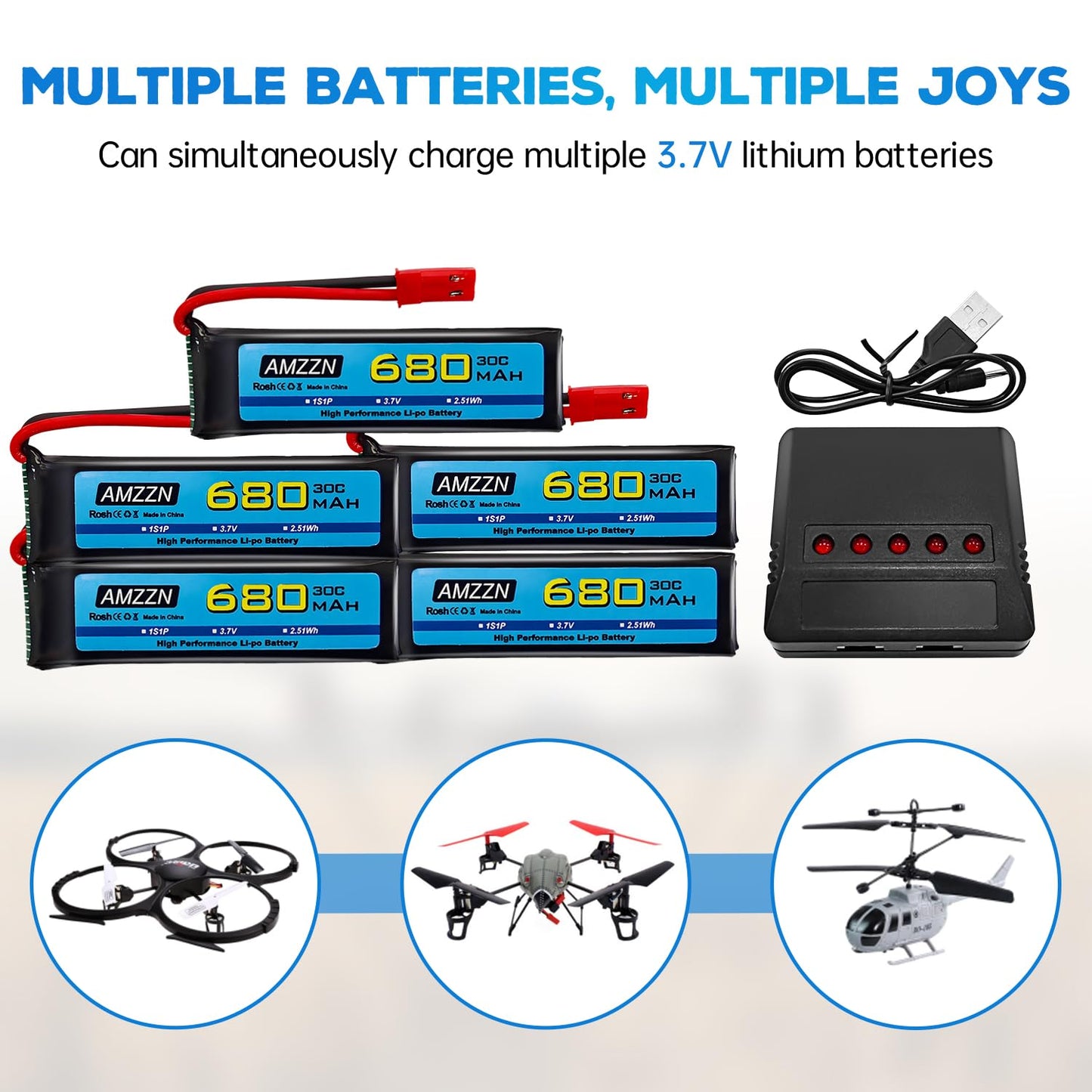 AMZZN 5PCS 3.7V 680mAh 1S Lipo Battery with JST Plug and 5-in-1 Charger for UDI U817 U818A V959 V222 V929 S032 RC Drone, Four Ax