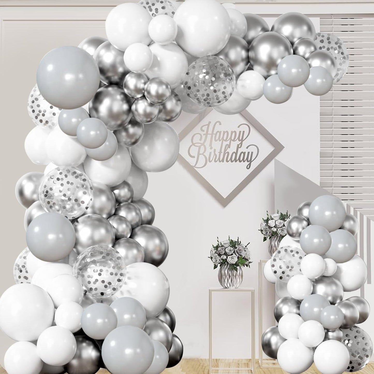 White Silver Balloon Garland Arch Kit,140Pcs Metallic Silver White Balloon Arch For Birthday Wedding Engagement Proposal Baby Sh
