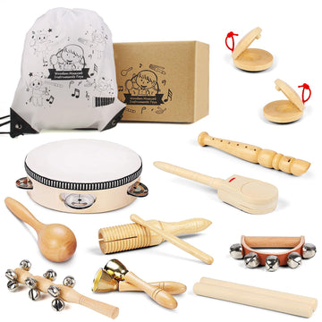 Chriffer Kids Musical Instruments Toys, Percussion Instruments Set With Storage Bag, Preschool Educational Music Toys For Boys Girls, Natural Eco-Friendly Wooden Music Set (10Pcs)