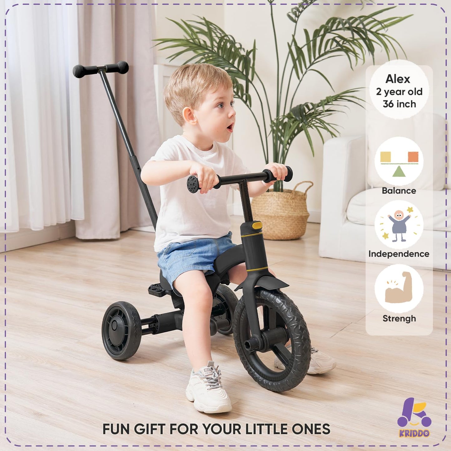 KRIDDO 4-in-1 Kids Tricycle for 1.5 to 3 Yea Old with Parent Steering Push Handle, 12 Inch Front Wheel Trike, Toddler Balance Bi