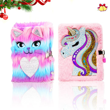 Dicvute 2Pcs Diary With Lock, Gift For 6 7 8 Years Old Girls, Fuzzy Notebook Cute Cat Unicorn Diary Secret Writing Plush Journal