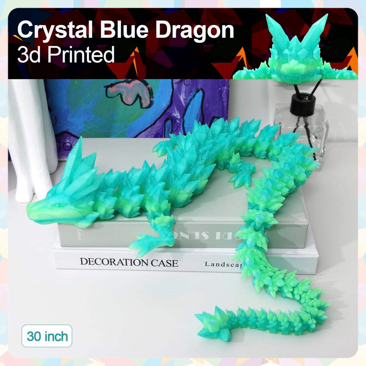 Rwsefk 30 In 3D Printed Dragon, 30Inch Dragon,3D Dragon Toy,Large Dragon Present,Ariculated Crystal Dragon (Gradient Blue-Green,