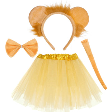 Jmkcoz Lion Ears Headband Tail Bowtie Tutu Costume Set, Lion Halloween Animal Fancy Dress Up Cosplay Party Favor
