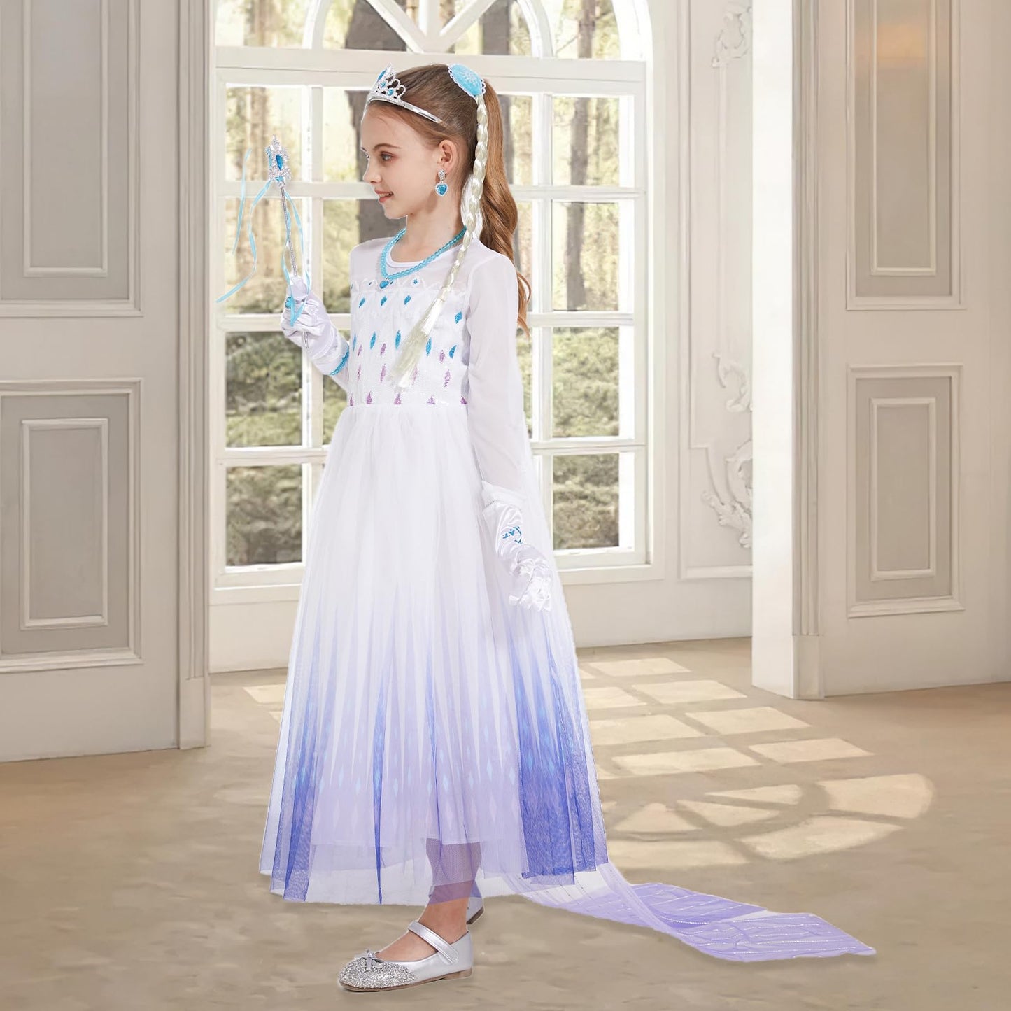 Jeroesja Princess Dresses For Girls - Classy Queen Of Snow Princess Costume With Accessories - Dress Up Clothes For Halloween