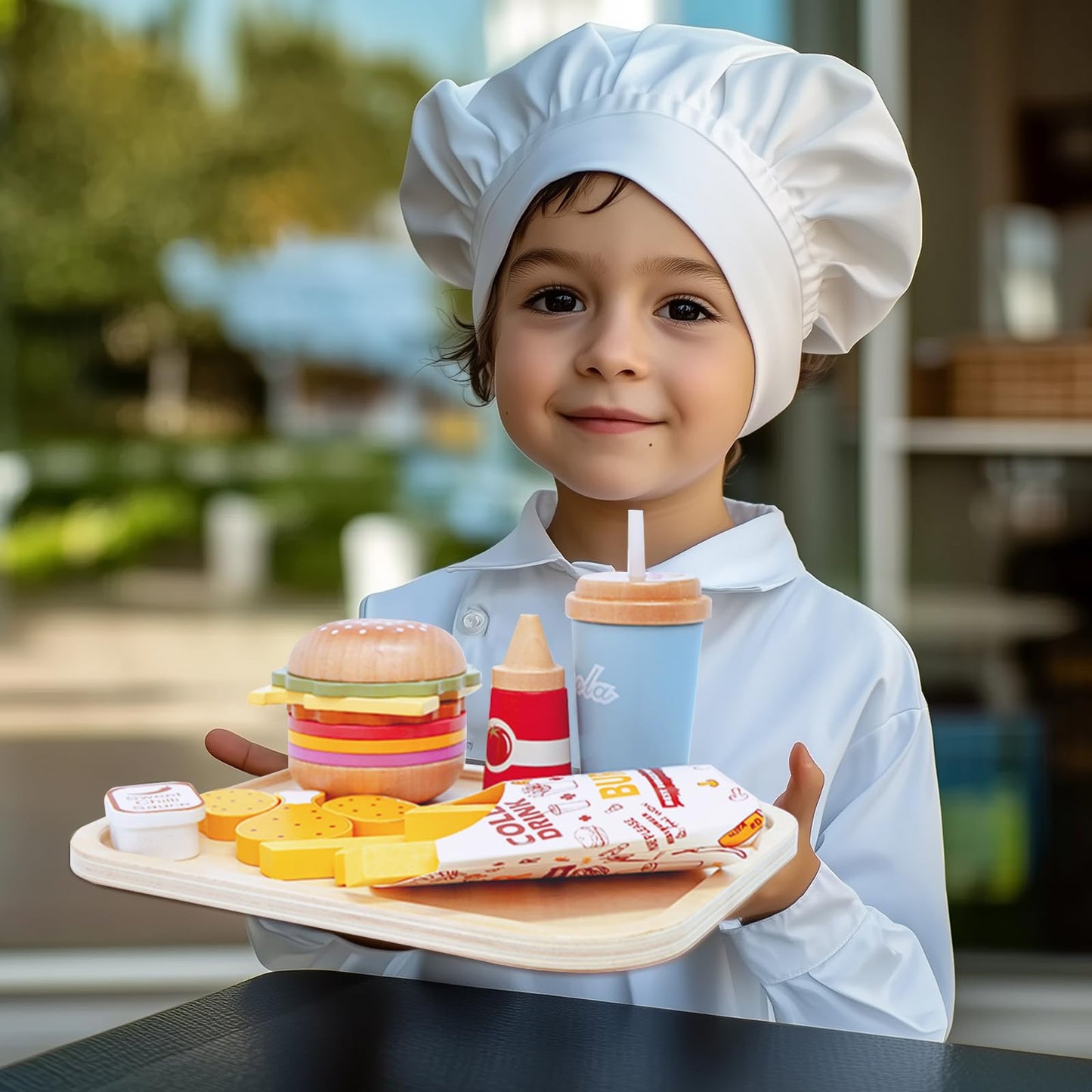 WOODENFUN Pretend Play Food Set for Kids,Wooden Fast Food Playset with Tray Hamburger Cola Fries Combo,Play Kitchen Accessories