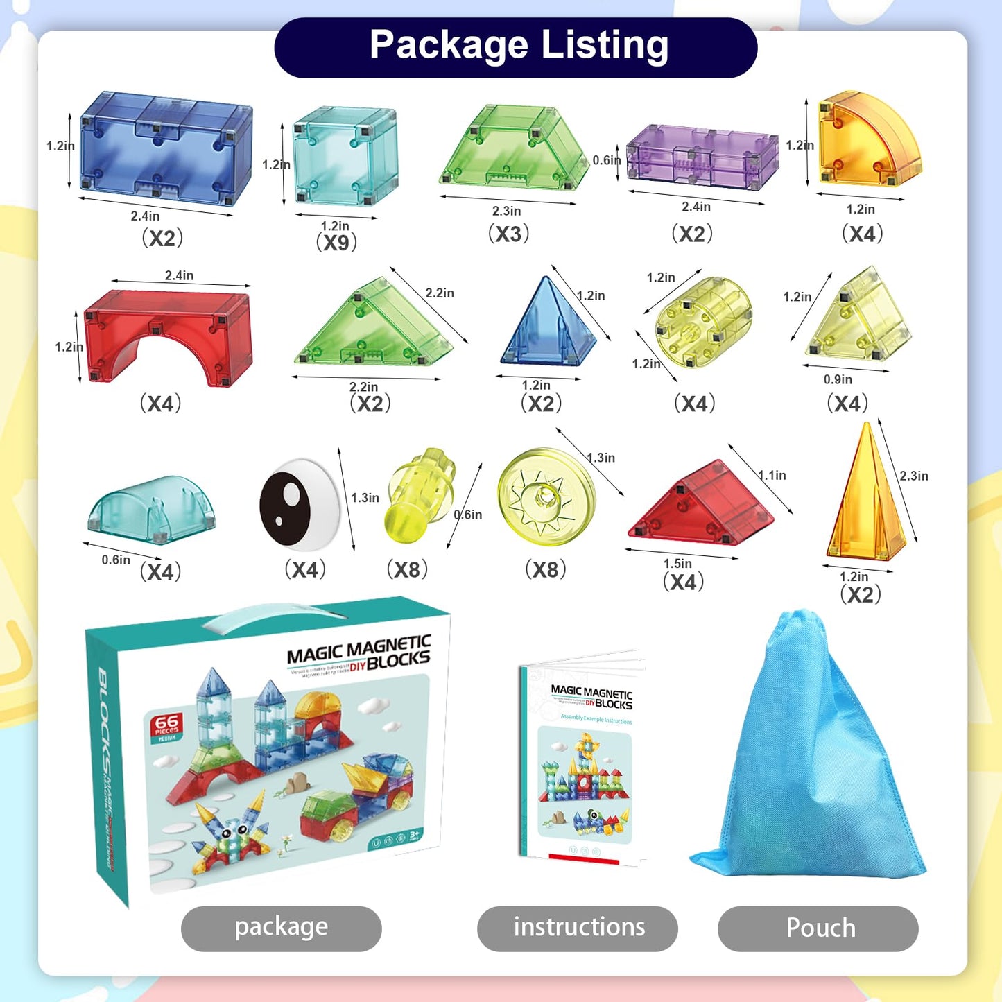 Huaker Magnetic Blocks,66 Pcs Translucent Building Toys For Toddlers 3+,Multi Shape Magnet Building Blocks Stem Preschool Montessori Sensory Toys For 3 4 5 6 Year Old Kids Boys Girls