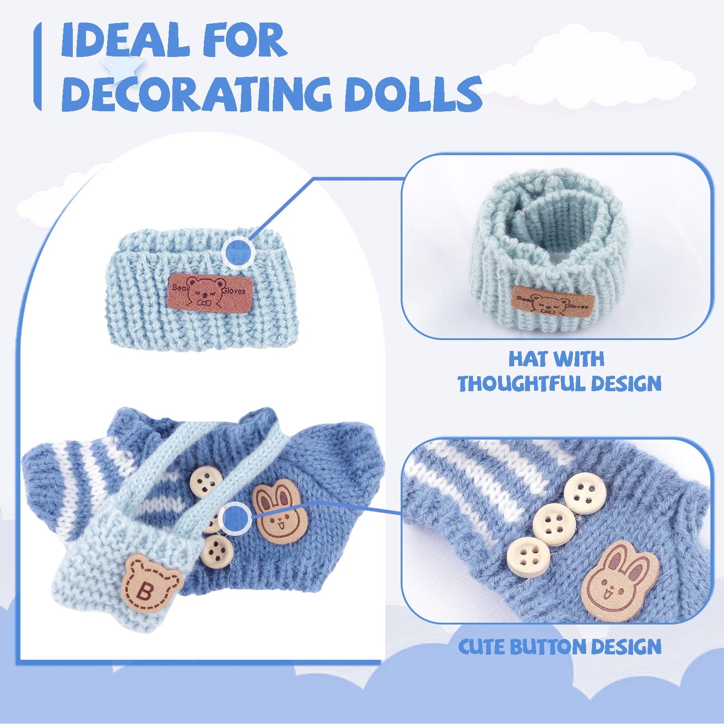 2 Sets of Clothes for Doll  5 Pcs Accessories for Doll 6.7in/17cm Outfits Knit Hat+T-Shirt+Bag  Sun Hat+Bib Pants
