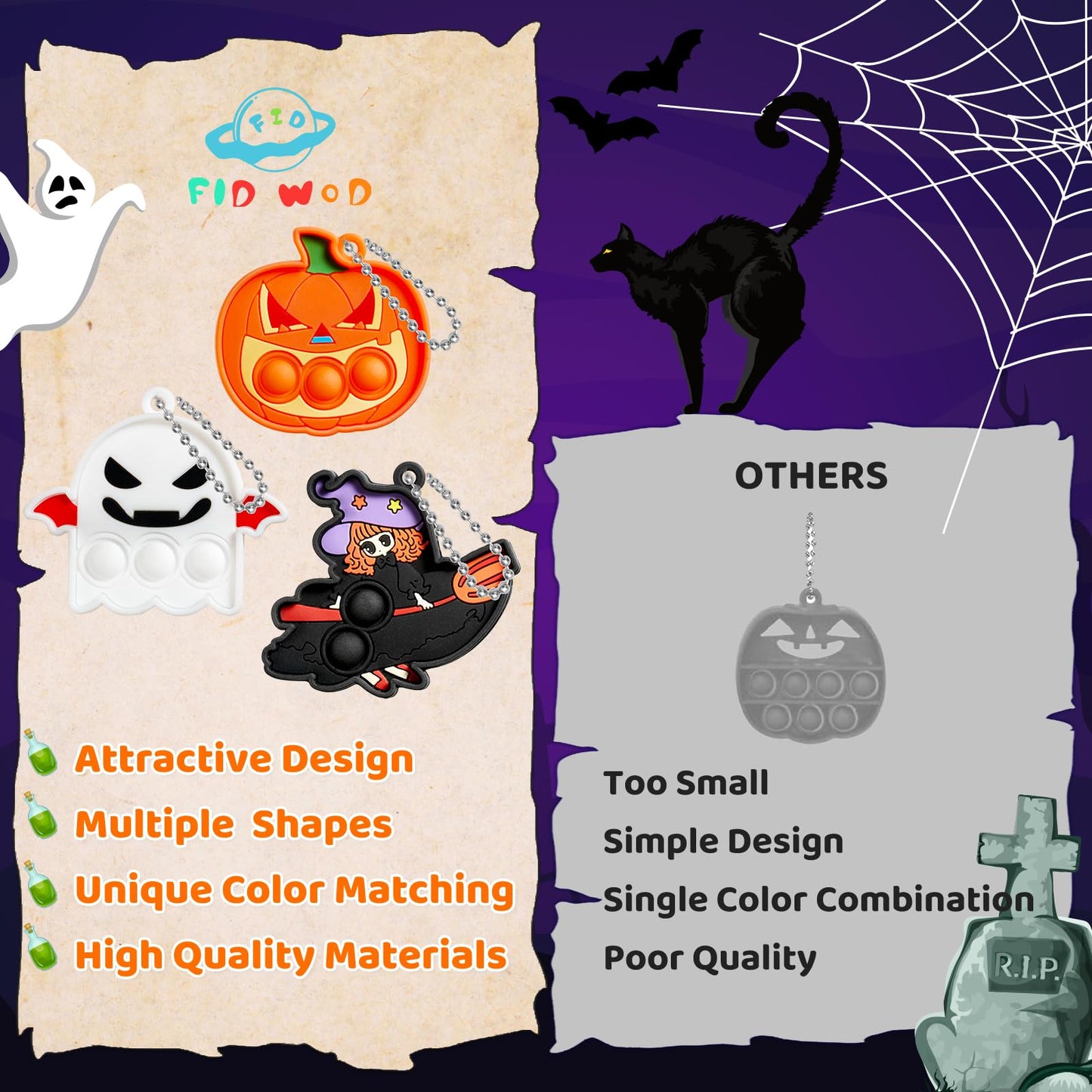 FIDWOD 64pcs Halloween Party Favors for Kids: Stocking Fillers Pop Keychains - Box Fillers Party Favours for Children- Fidget To