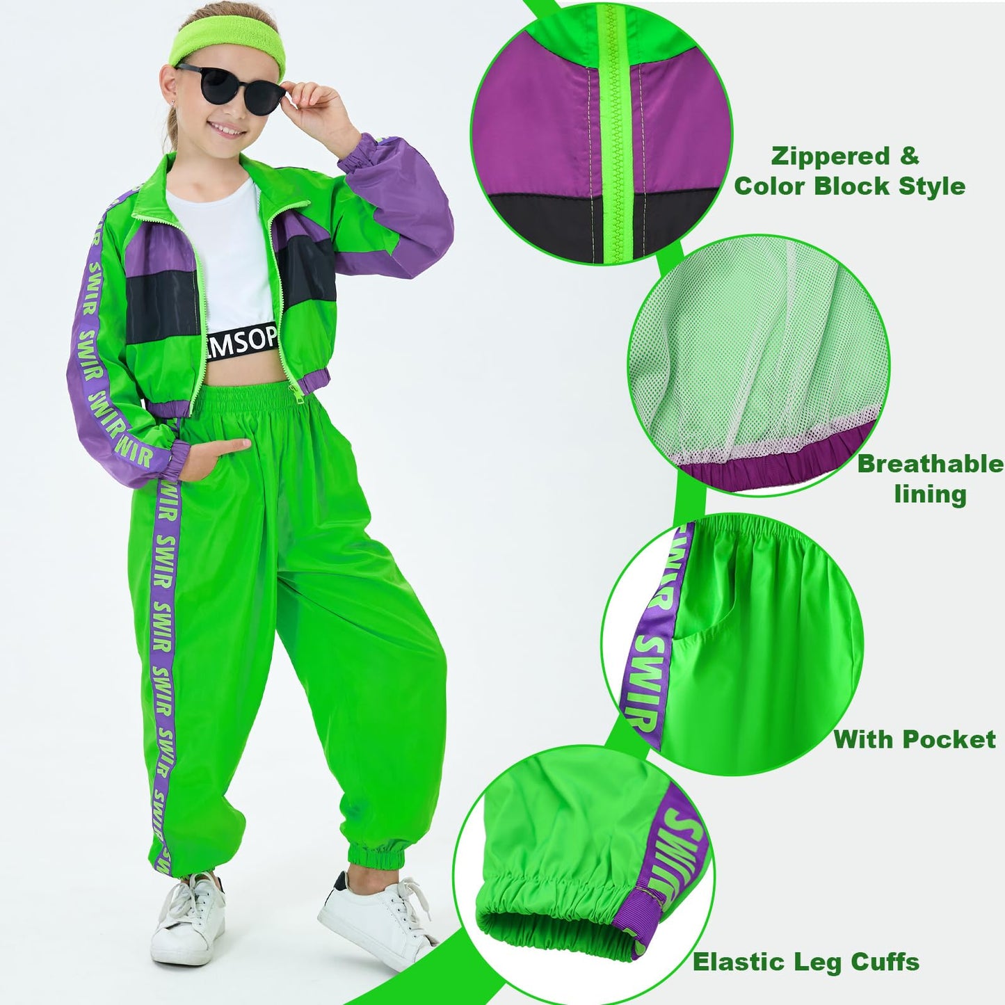 TIMSOPHIA Hip Hop Dance Costume for Girls, 5 Pcs 80s 90s Outfit for Kids, Modern Jazz Team Performance Tracksuit, 6-7 Years, Gre