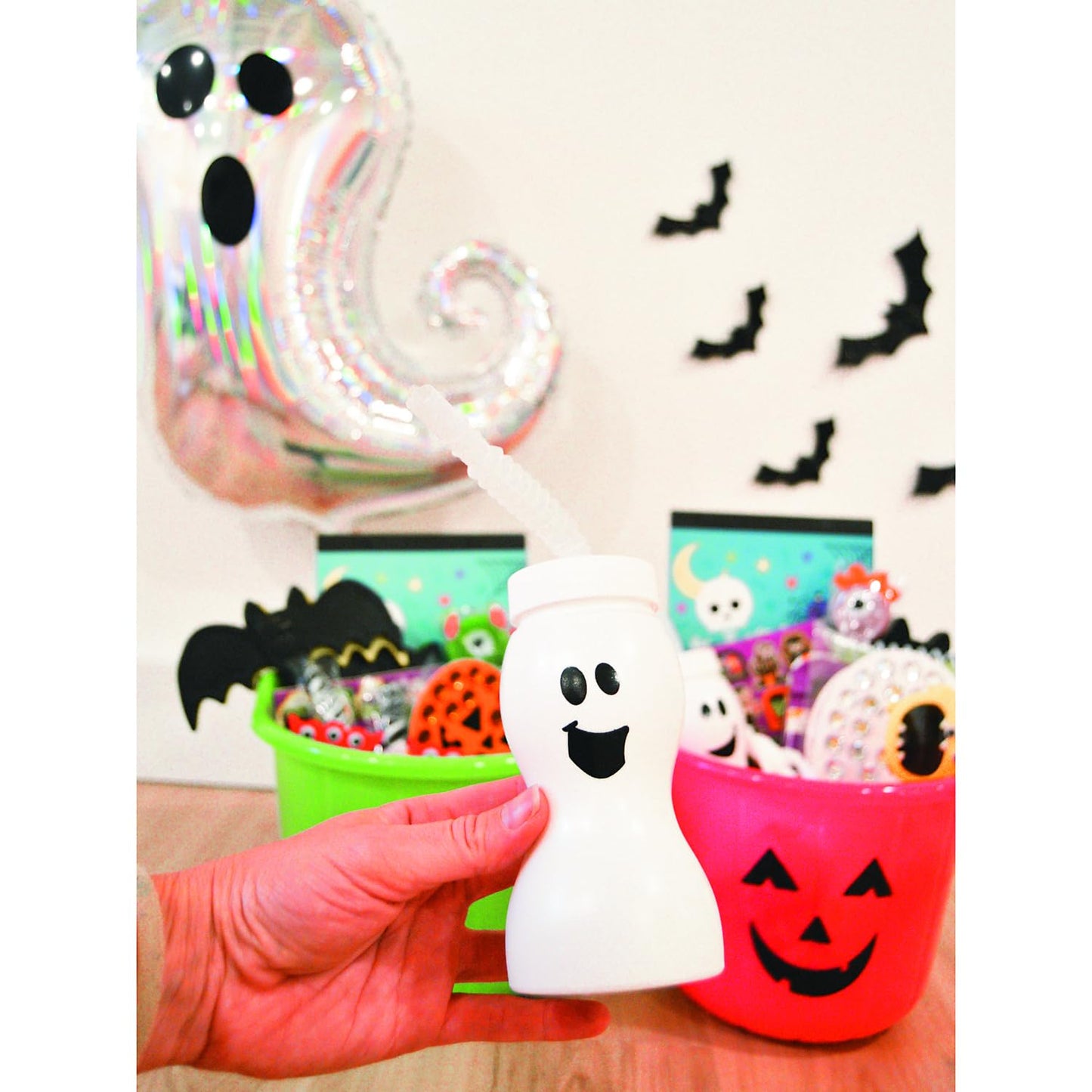 Fun Express Set of 12 Pieces Ghost Shape Cups with Straw for Halloween, Holds 8 oz, BPA Free Plastic, Kids Party Supplies, White