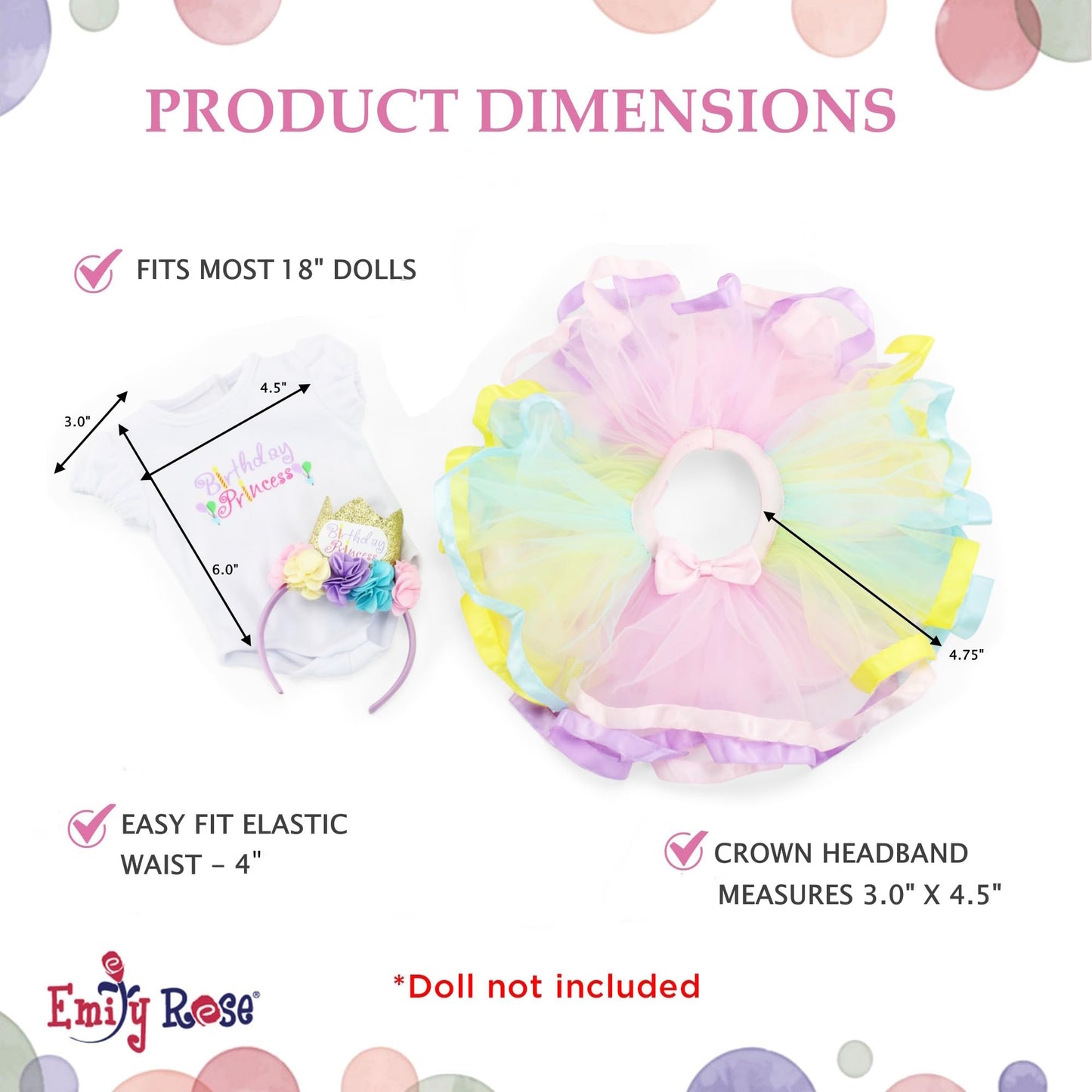 Emily Rose 18" Doll Clothes Set - 3 PC Birthday Princess Outfit, Polyester, Rose, Model INS2146