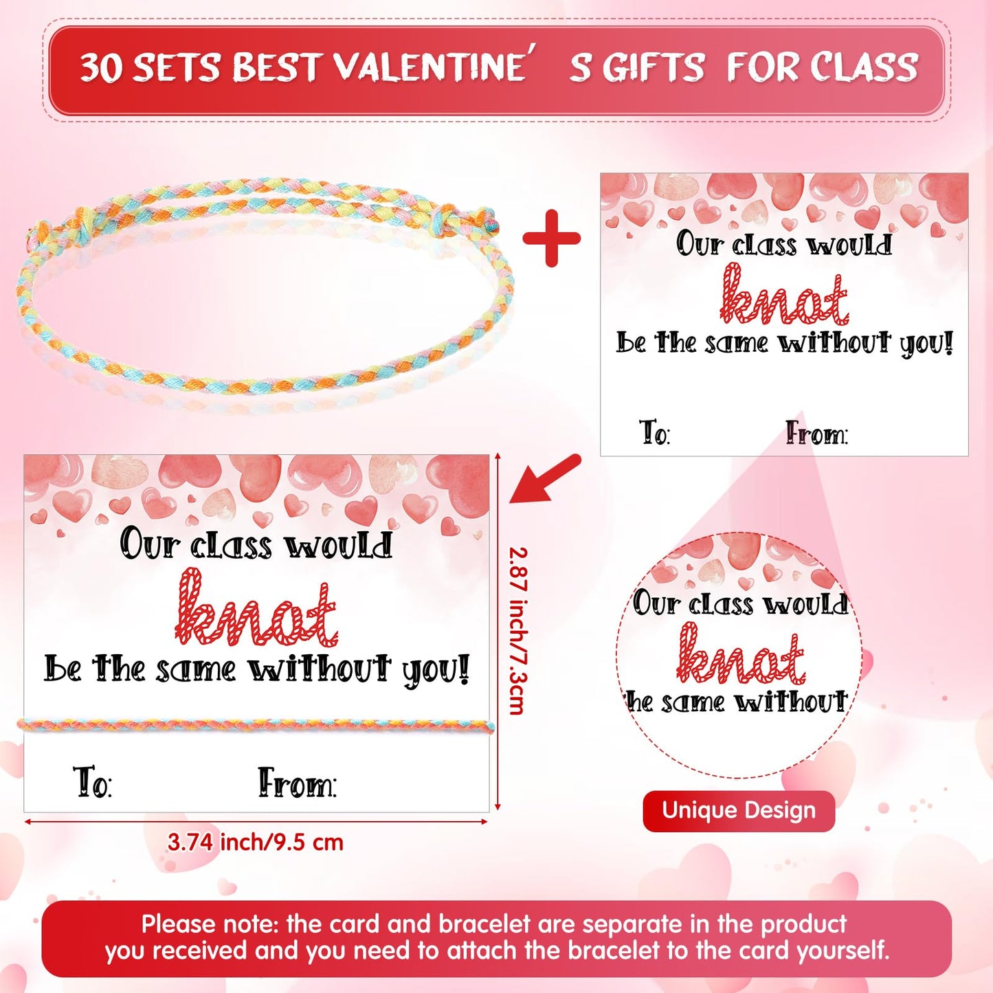 Riceshoot 60 Sets Valentine Gifts for Kids Classroom Neon Bracelets Rope Bracelets Valentines Day Gift Cards Our Class Will Knot