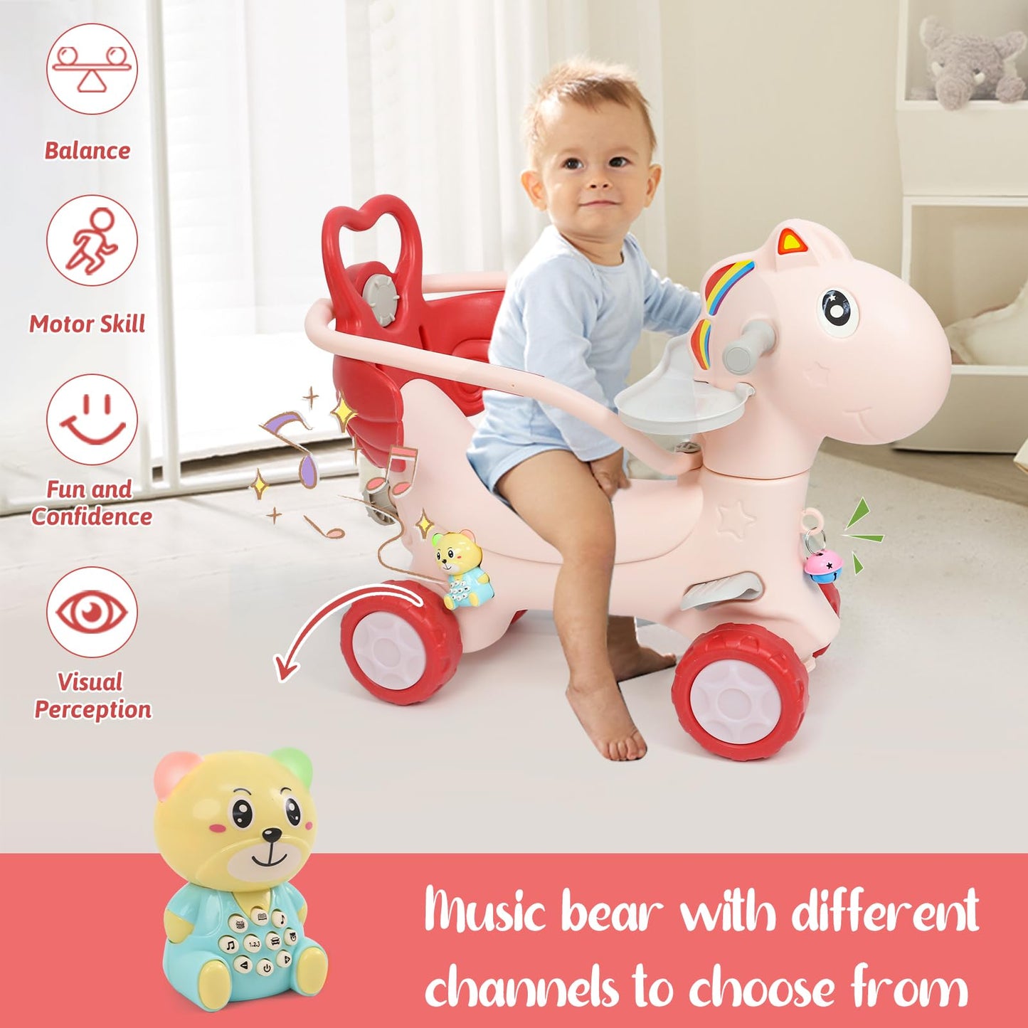 Ancaixin 4 in 1 Rocking Horse for Toddlers, Pink, 33"x13"x35", Plastic, Balance Bike with Push Handle and Backrest
