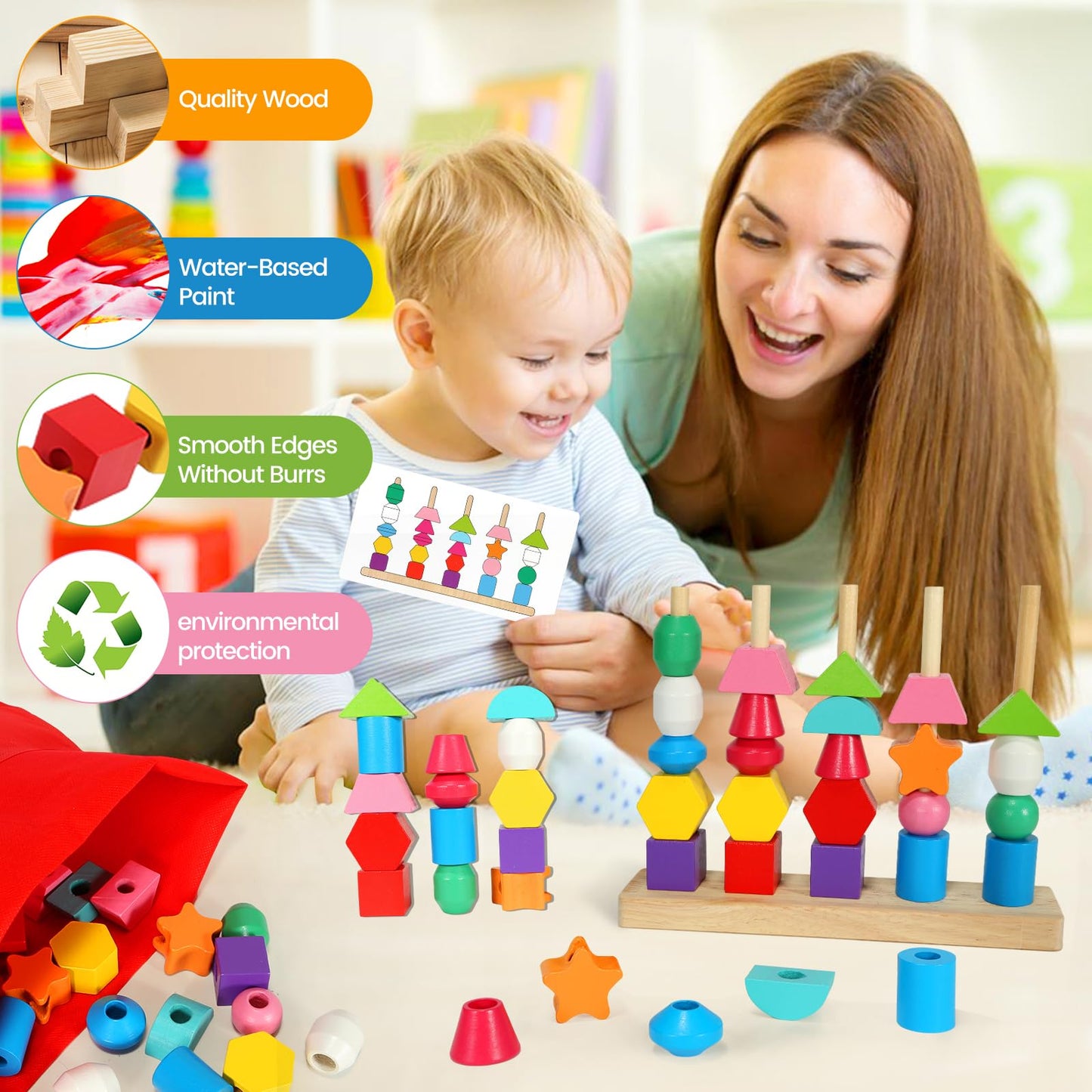 Aoumi Montessori Toys For 2 3 4 Year Old Wooden Shape Matching Game & Lacing Beads Preschool Learning Activities Fine Motor Skills Toys Sorting Stacking Toddler Toys Age 2-4 Boys Girls