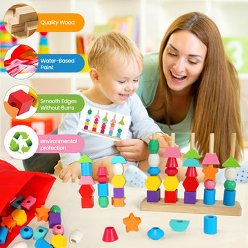 Aoumi Montessori Toys For 2 3 4 Year Old Wooden Shape Matching Game & Lacing Beads Preschool Learning Activities Fine Motor Skills Toys Sorting Stacking Toddler Toys Age 2-4 Boys Girls