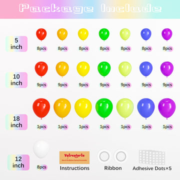 Voircoloria 134Pcs Rainbow Balloon Arch Kit Different Sizes 18'' 12'' 10'' 5'' Assorted Color Latex Balloon Garland Arch Kit For