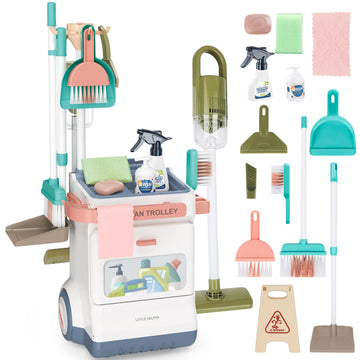 Deao Kids Cleaning Set, 20 Pcs Pretend Play Housekeeping Supplies Kit ,Includes Real Working Vacuum Cleaner, Kid Broom, Spray Bo
