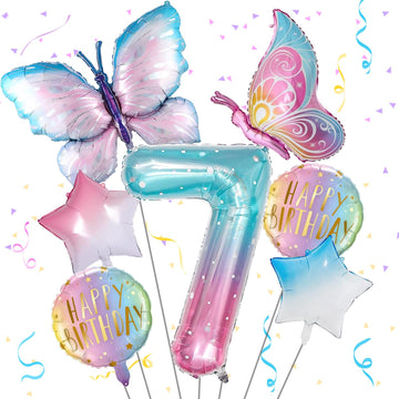 Butterfly Balloons 7Th Birthday Decorations For Girls, Gradient Pink Colorful Butterfly Foil Balloon, Giant Number 7 Foil Mylar