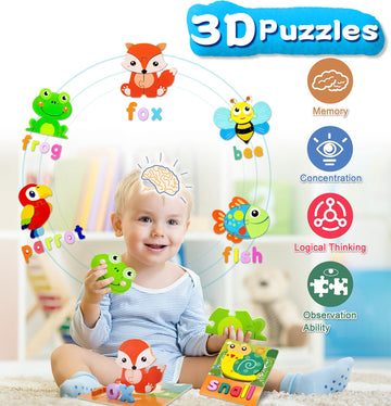 Aiziyuo Animal Wooden Puzzles With Letters Spelling, Montessori Toys For Toddlers 1-3, 8 Pack Baby Puzzle For Kids1 2 3+ Years O