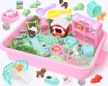 Lorfancy Dog Sandbox Toys Kids Play Sand Kit Toddler Sensory Bin Toy 2.2lbs Sand Pet Dog Figures Care Role Pretend Play Beach To
