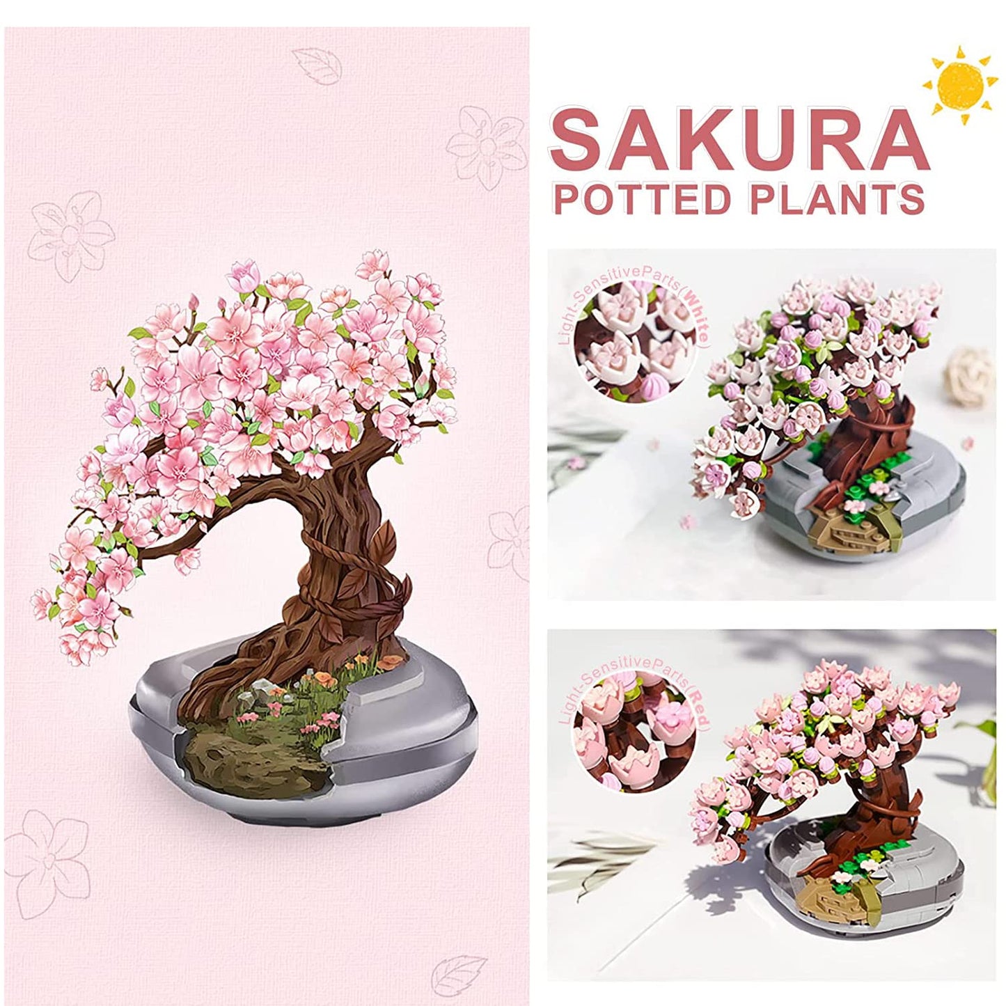 MEIEST Mini Building Blocks Sakura Plant Bonsai Model Set Creative DIY Simulation Cherry Blossom Flower Botanical Collection Construction Building Bricks Toy for Kids mature-themed Home Decor