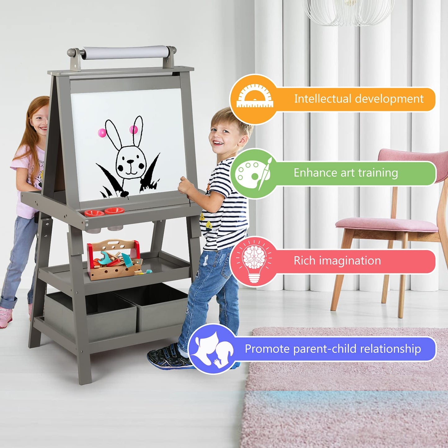 Kinder King 3 In 1 Kids Art Easel W/Storage, Double-Sided Magnetic Whiteboard & Chalkboard, Dry-Erase Board W/Paper Roller, Todd
