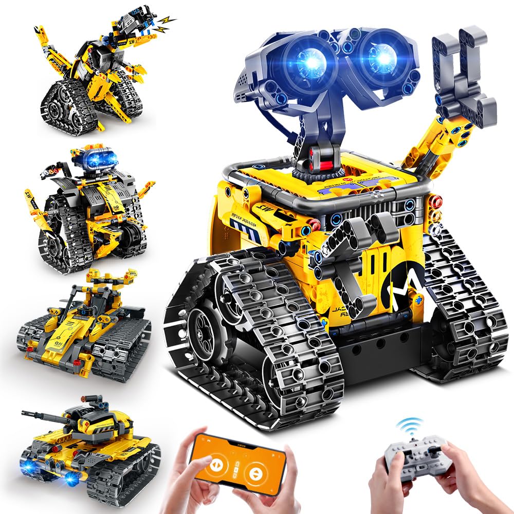 INSOON 520 PCS Robot Toys Building Set - App & Remote Control, 5-in-1 RC Wall Robot, Dinosaur, Plastic, Yellow, Model 8039, Gift for Kids 6