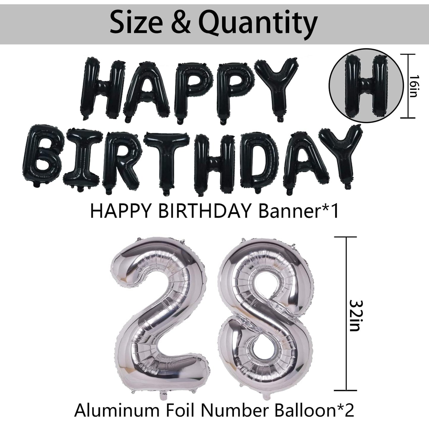 Naninuneno 28Th Black Silver Birthday Party Decorations For Men Women, Happy 28 Birthday Party Supplies With Black Happy Birthda