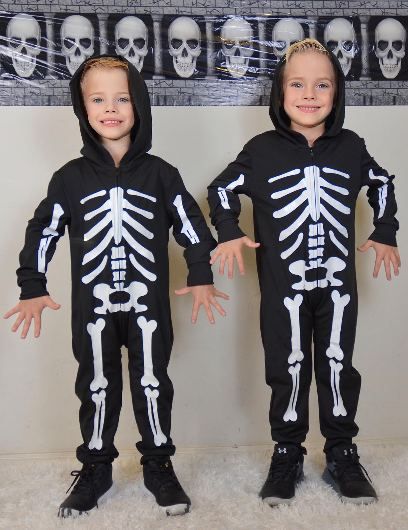 Enlifety Kids Skeleton Costume Boys Girls Glow In The Dark Halloween Jumpsuit With Hood Long Sleeve Funny Cosplay Outfit For Chi