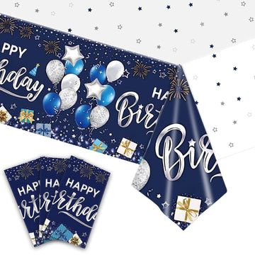 Kesfey Happy Birthday Tablecloths 3 Packs Navy Blue and Silver Birthday Tablecover 54 x 108 Inch Print Firework,Balloon Waterpro
