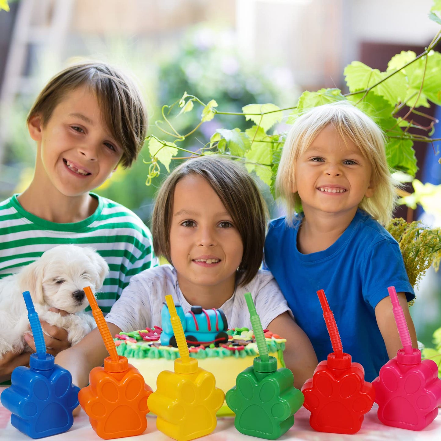 Sratte Dog Paw Cups 10 oz Bulk Puppy Paw Print Theme Cups, Cute Print Plastic Puppy Straw Cup Bulk with Lids for Kids Pet Dog Bi