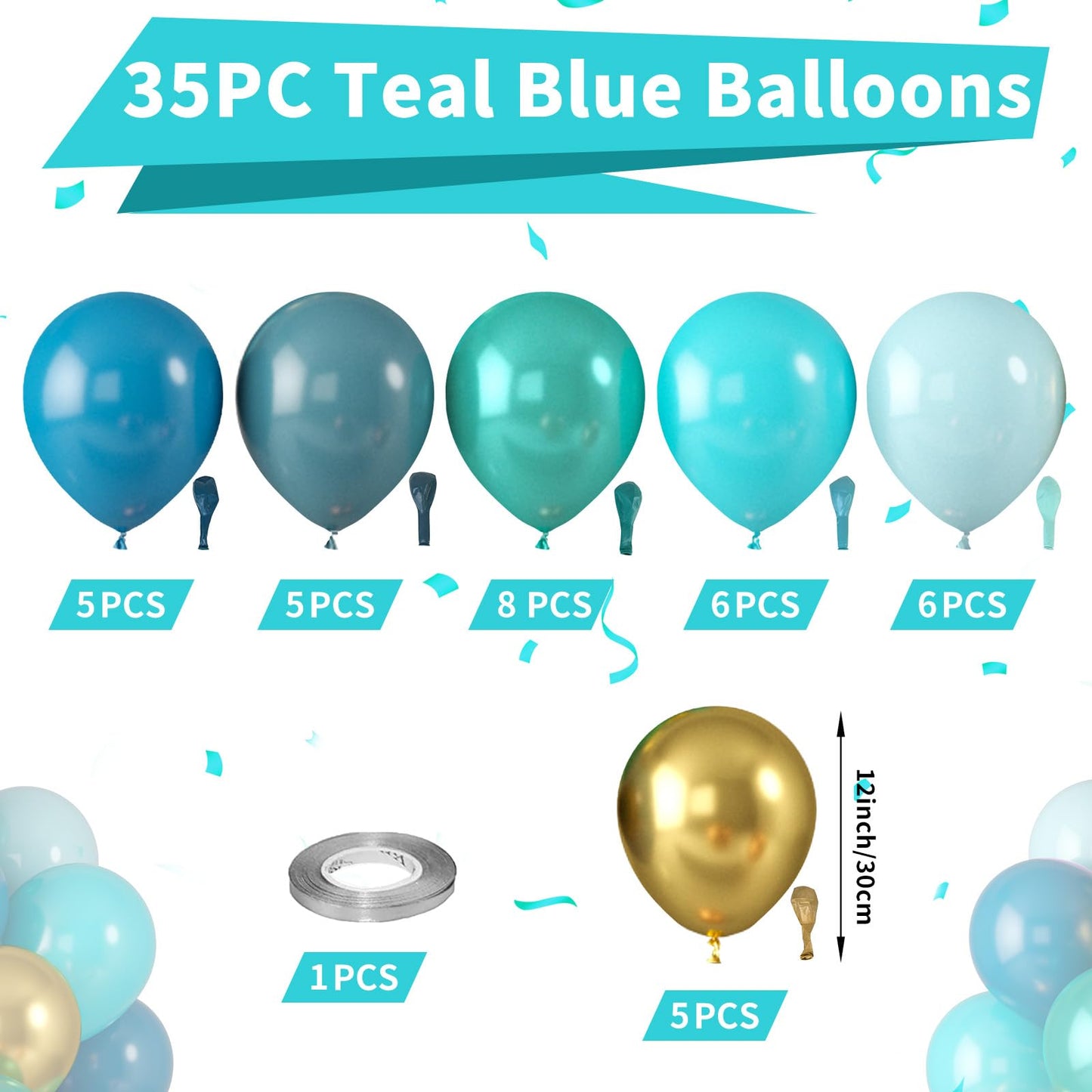 Paready Teal Blue Balloons - Rubber, Metallic Gold, Perfect for Birthday, Baby Shower, Wedding, Summer Beach Party Decorations