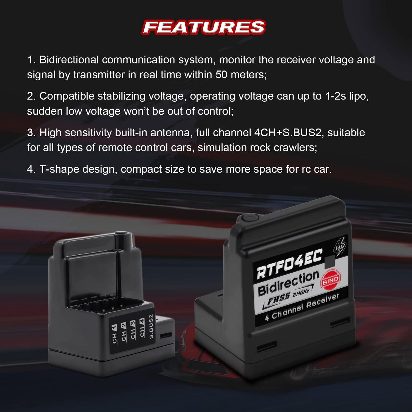 4CH S.BUS2 8.4V High Voltage Internal Antenna RC Car Receiver Compatible with T-FHSS(RTF04EC)