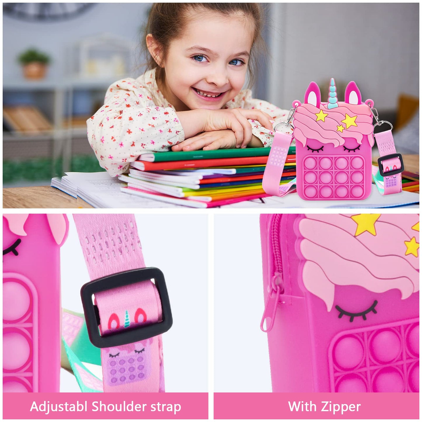 Rose Red Unicorn Pop Purse For Girls, Mini Pop Fidget Toy For Girls, Push Pop Bubble Fidget Sensory Toy, Stress Release Pop Coin