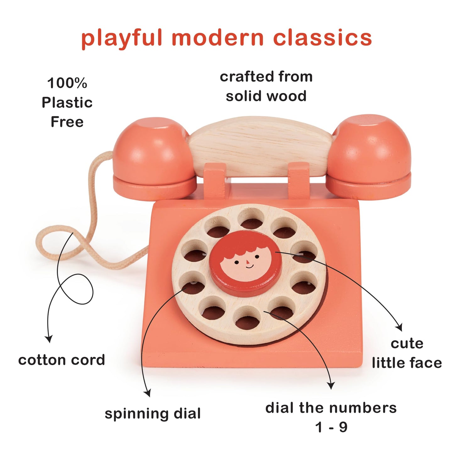 Mentari Toys - Ring Ring Telephone - Solid Wood Retro Chorded Dial Phone for Toddlers - Pretend Play Toy Telephone - Boost Commu