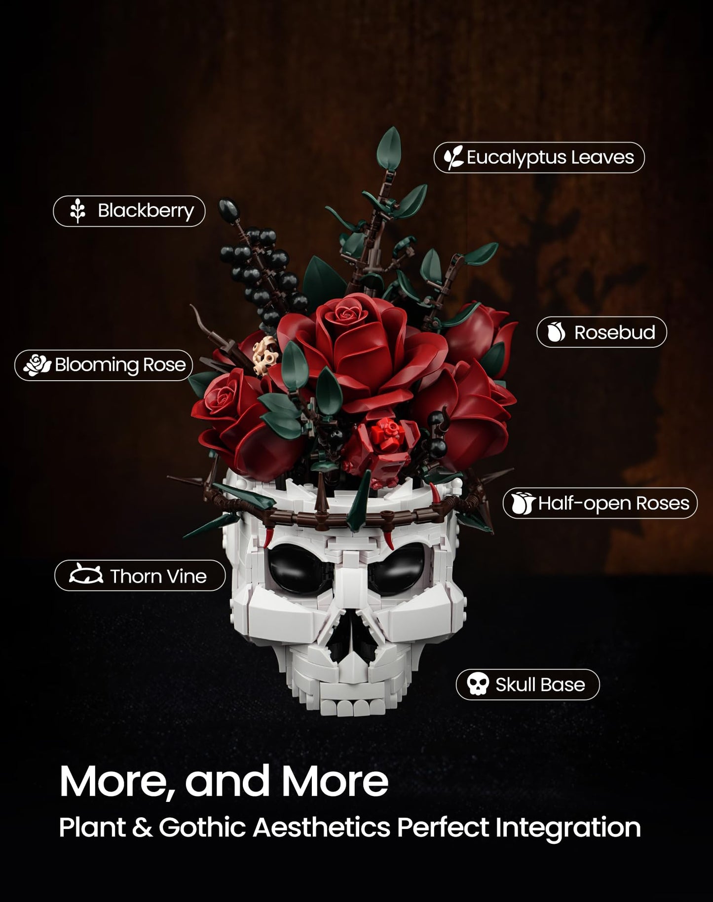 iATOM Skull Roses Flower Bouquet Building Set - Middle Size, Plastic, Gothic Decor, Red/Green/White/Black, Model IA11008