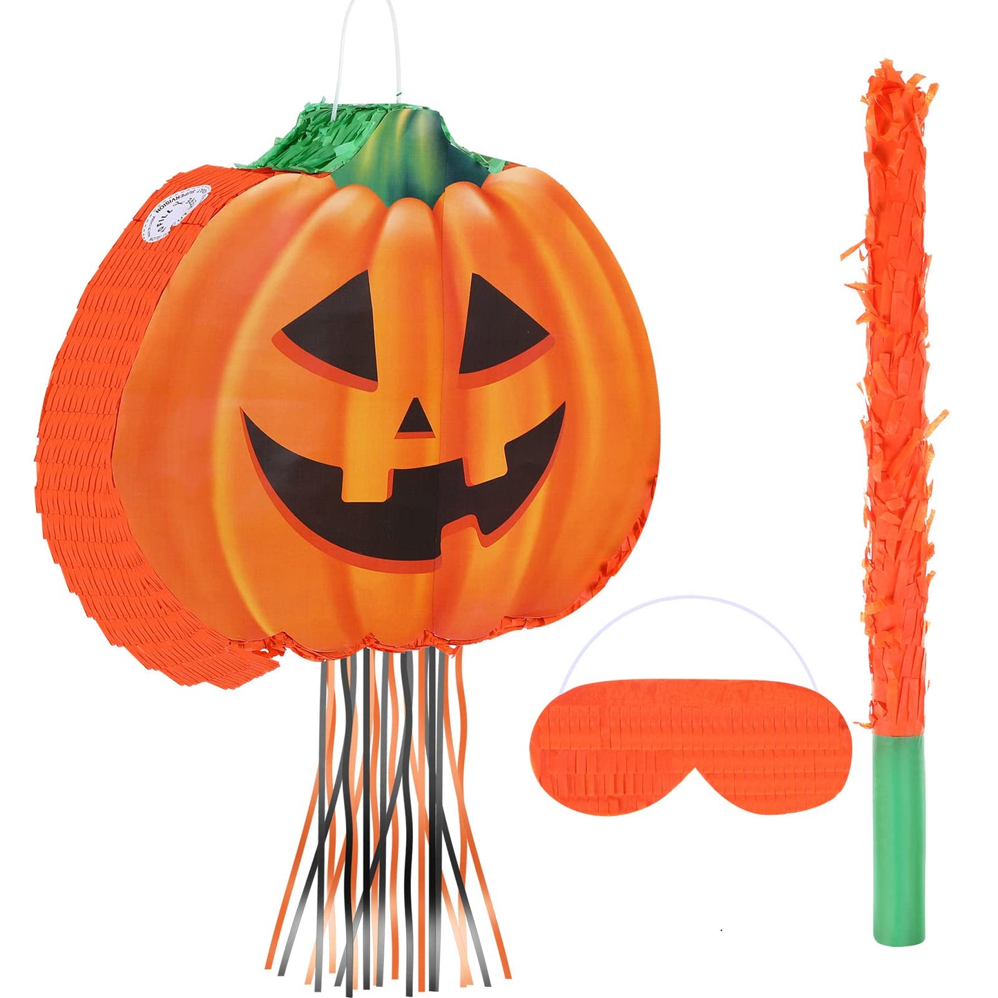 Aoriher Halloween Pumpkin Piata Pull String Pumpkin Piata with Stick and Blindfold Halloween Hanging Decoration Piata Mexican Pi
