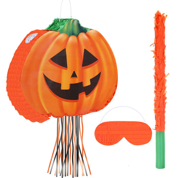 Aoriher Halloween Pumpkin Piata Pull String Pumpkin Piata with Stick and Blindfold Halloween Hanging Decoration Piata Mexican Pi