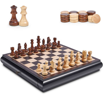 Vamslove Wooden Chess Checkers Game Set 15.5' Large Size Board W/Storage Drawers, Weighted Chess Pieces - 2 Extra Queens 3' King, Gift For Birthday Housewarming Retirement - Black