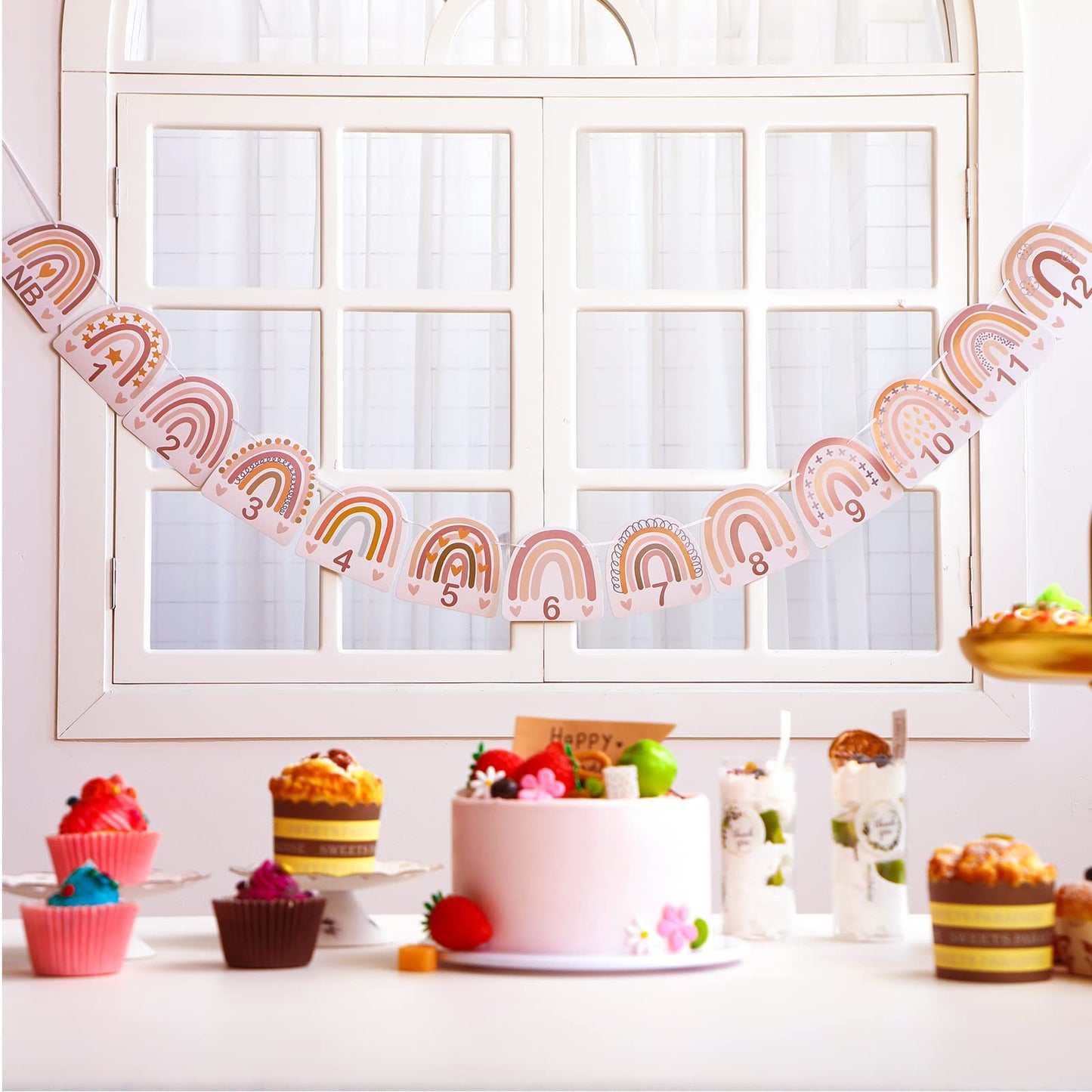 Laumoi 13 Pcs Rainbow First Birthday Photo Supplies Rainbow Baby Monthly Milestone Photo Banner Pink Garland from Newborn to 12