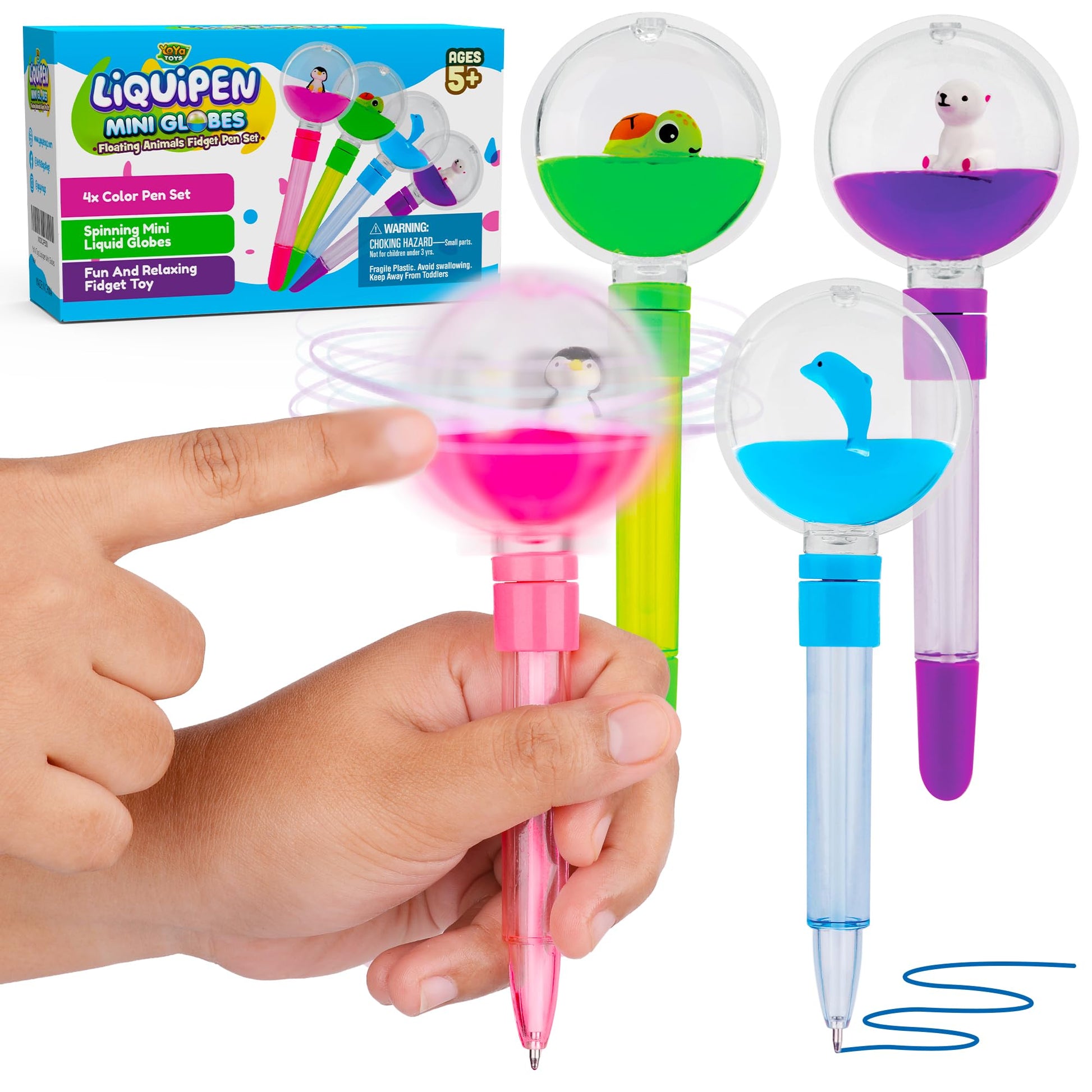 YoYa Toys Fidget Pens for Kids (4-Pack) - Liquid Motion Cool Spinning Toy - Colorful Floating Kawaii Animals - Penguin, Dolphin,