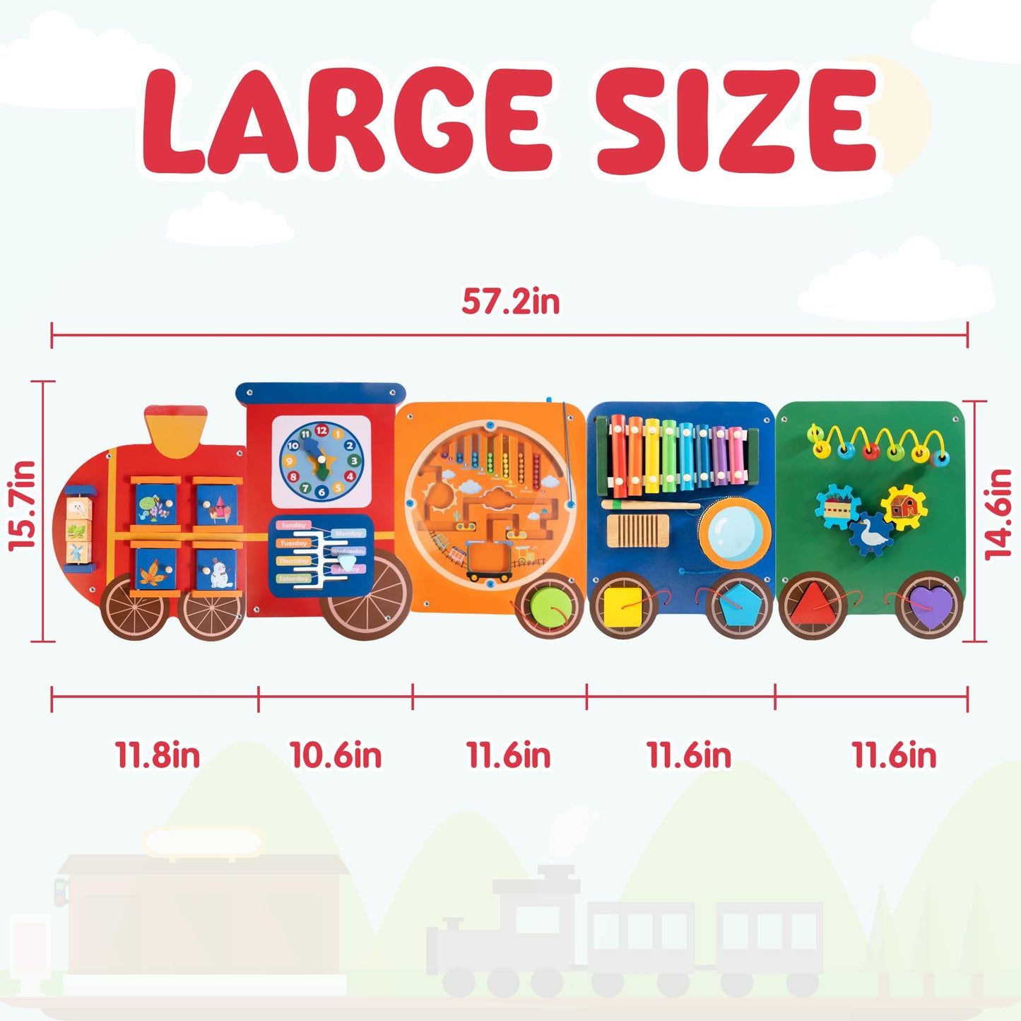 Train Activity Wall Busy Board Panels | 11-in-1 Wooden Sensory Wall Panel for Kids, Toddler Montessori Learning Activity Center,