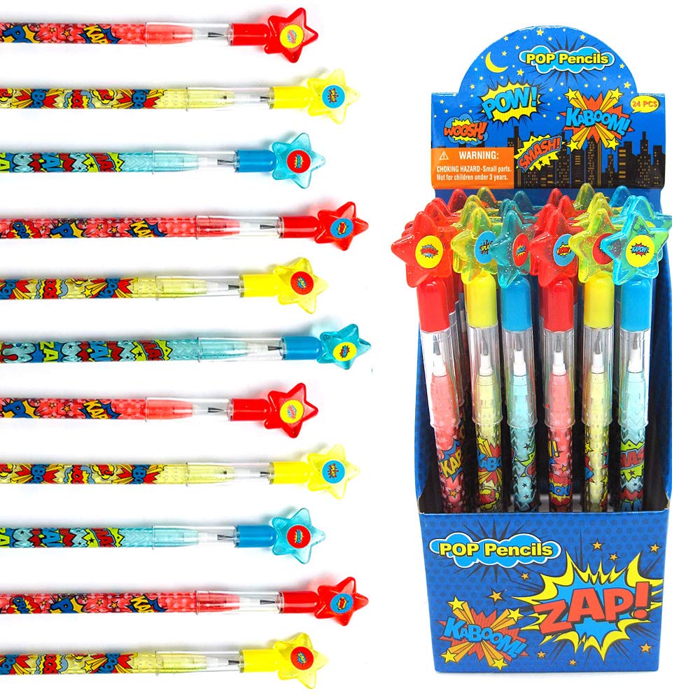 Tiny Mills 24 Pcs Superhero Text Multi Point Stackable Pencil with Eraser for Superhero Birthday Party Favor Prize Carnival Good