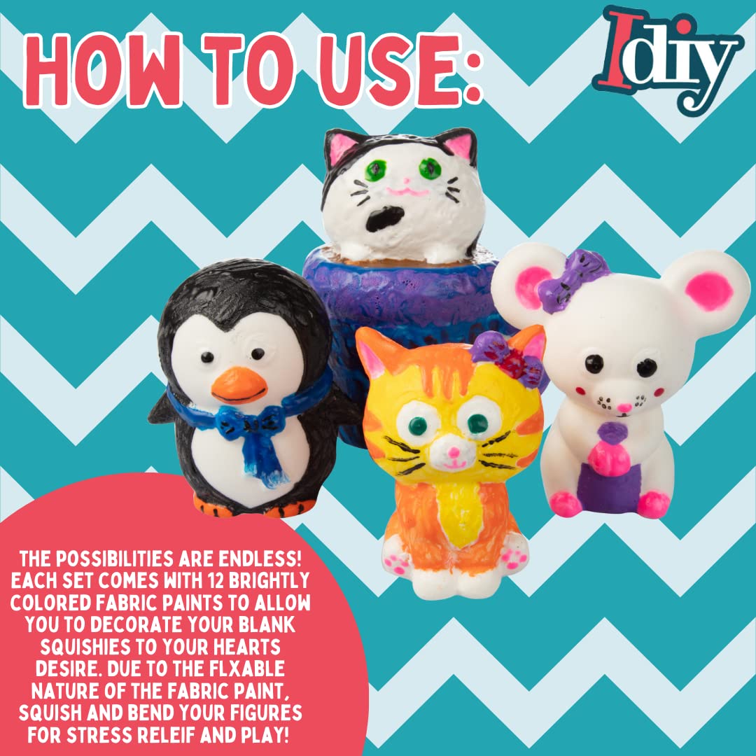 Scs Direct Diy Jumbo Animal Squishies 3.5' -6' (12Pc) & Fabric Paint (12 Bottles) Combo Pack- White Kawaii Slow Rising Squishy Toys For Drawing, Painting, Decorating - Scented Stress Relief Craft