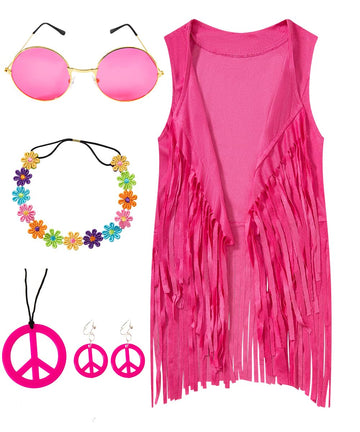 Iwalue 60S 70S Outfits Hippie Costume Set Kid Girls Fringe Tassel Vest With Earring Headband Glasses(Pink,12-14 Years)