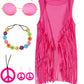 IWALUE 60s 70s Outfits Hippie Costume Set Kid Girls Fringe Tassel Vest with Earring Headband Glasses(Pink,10-12 Years)