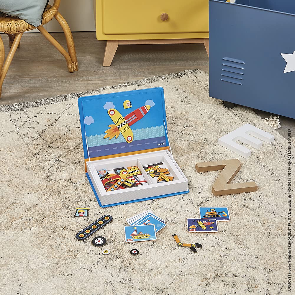 Janod Magnetic Racers Vehicle Game - 69 pcs, Cardboard, Multi-color, Ages 3+, Model J02715