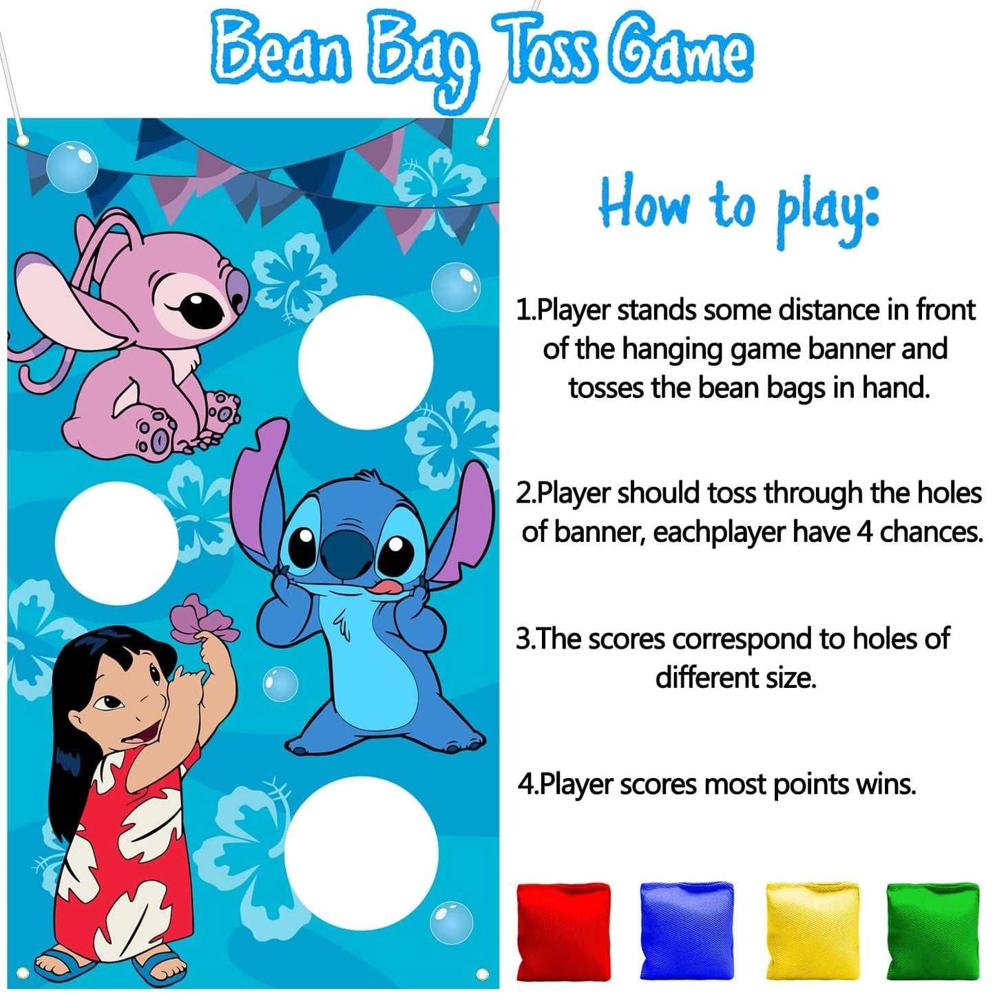 Stitch Party Supplies  Stitch Toss Games with 4 Bean Bags Set  Party Games Hanging Banner Outdoor tossing Game for Boys Girls  Stitch Party Activities Decorations Gifts