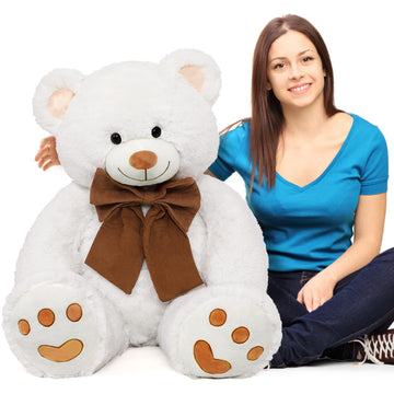 Morismos Giant Big Teddy Bear 4 Feet 47 Inch Life Size White Plush Bear With Big Bow And Footprints, Soft And Cute Teddy Bear To